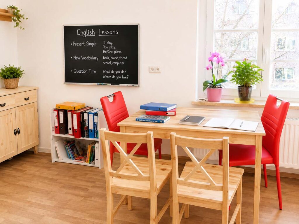 Unterrichtsraum mit Tafel „English Lessons“ – Englischunterricht und Nachhilfe in Dresden